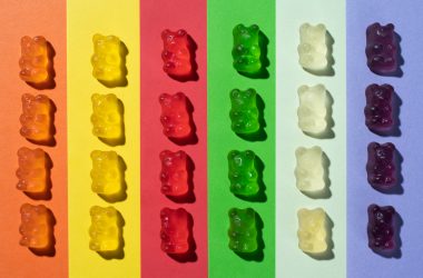 colorful cbd edible gummy bears in rows