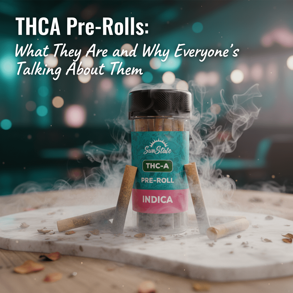 Glass jar labeled THCA pre-rolls with rolled joints and smoke, displayed on a marble tray in a modern lounge setting.