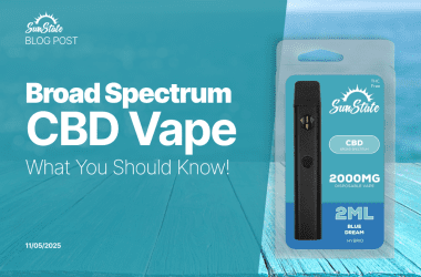 Sun State broad spectrum CBD vape product packaging featuring a 2000mg disposable vape pen in Blue Dream flavor, placed against an ocean background.
