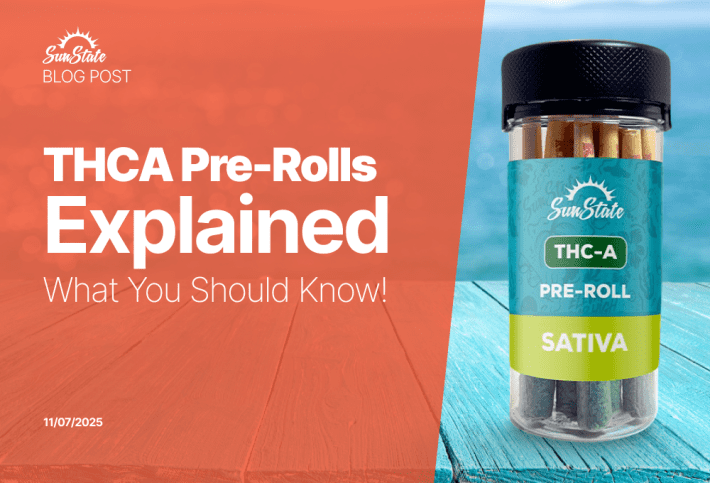 Promotional image from Sun State Hemp blog titled ‘THCA Pre-Rolls Explained: What You Should Know.’ The left side has an orange background with white text, and the right side shows a clear jar labeled ‘Sun State THC-A Pre-Roll Sativa’ containing several pre-rolled joints on a wooden surface by the ocean.
