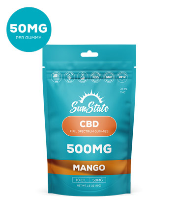CBD Full Spectrum 50mg Gummy Mango Grab N&#039; Go Bag 10ct 500mg | Sun State Hemp