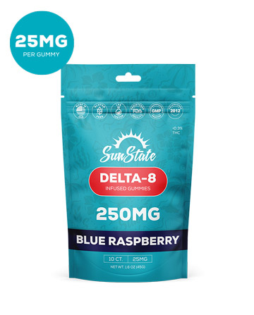 Delta 8 Infused 25mg Gummy Blue Raspberry Indica Grab N&#039; Go Bag 10ct 250mg | Sun State Hemp