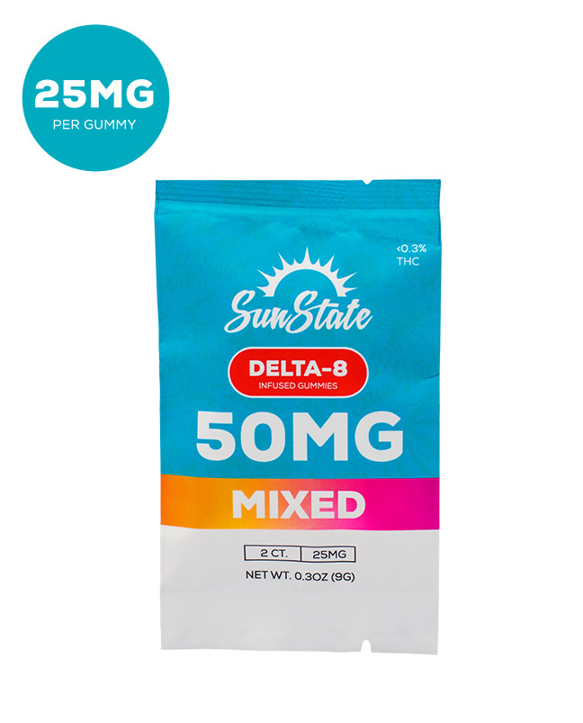 Delta 8 Infused 25mg Gummy Grab N' Go Bag 50mg 2pcs Bag | Sun State Hemp