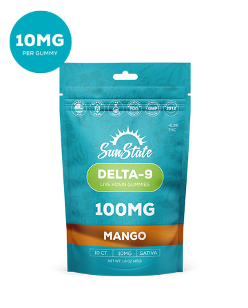 Delta 9 Live Rosin 10mg Gummy Mango Sativa Grab N' Go Bag 10ct 100mg | Sun State Hemp