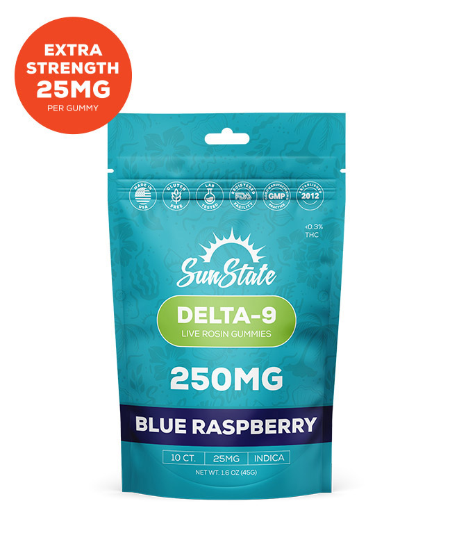 Delta 9 Live Rosin 25mg Gummy Blue Raspberry Indica Grab N' Go 10ct 250mg Bag | Sun State Hemp