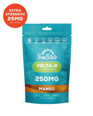 Delta 9 Live Rosin 25mg Gummy Mango Sativa Grab N&#039; Go 10ct 250mg Bag | Sun State Hemp