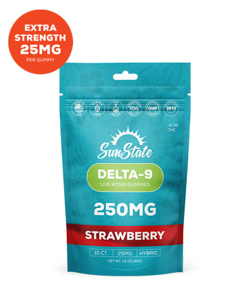 Delta 9 Live Rosin 25mg Gummy Strawberry Hybrid Grab N&#039; Go 10ct 250mg Bag | Sun State Hemp