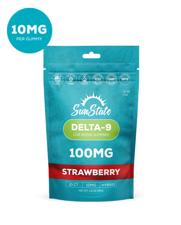 Delta 9 Live Rosin 10mg Gummy Strawberry Hybrid Grab N&#039; Go Bag 10ct 100mg | Sun State Hemp