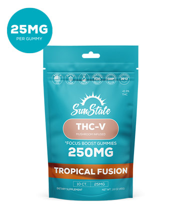 THC-V Focus Boost 25mg Gummy Tropical Fusion Bag 10ct 250mg | Sun State Hemp
